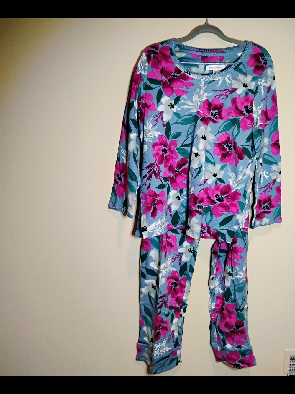 Carole Hochman 2 Pc Pajama Set Light Blue/Floral  Pink Blooms Sz M Cotton Knit M